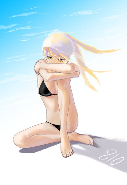 Anime picture 1000x1452 with original kayas single long hair tall image fringe light erotic blonde hair hair between eyes sitting bare shoulders yellow eyes looking away full body barefoot bare legs bare belly shadow girl swimsuit