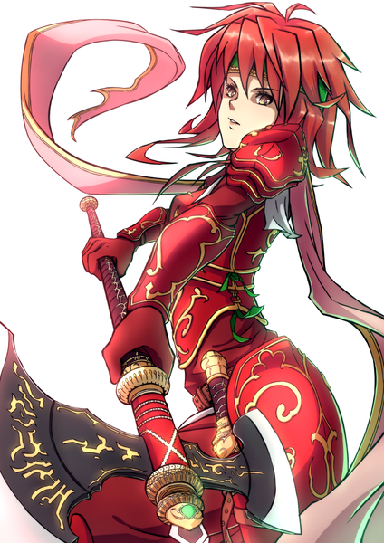 Anime picture 744x1052 with fire emblem minerva (fire emblem) hananon single tall image looking at viewer fringe short hair simple background white background brown eyes red hair girl gloves weapon clothes axe