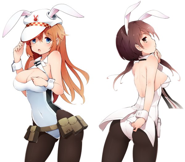 Anime picture 1600x1400 with strike witches gertrud barkhorn charlotte e yeager kinakomoti (artist) long hair looking at viewer blush fringe breasts open mouth blue eyes light erotic simple background brown hair large breasts standing white background twintails bare shoulders multiple girls