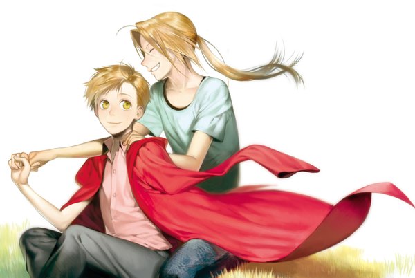 Anime picture 1500x1005 with fullmetal alchemist studio bones edward elric alphonse elric naaaako long hair short hair blonde hair yellow eyes tail eyes closed holding hands happy siblings brothers shirt pants cloak t-shirt