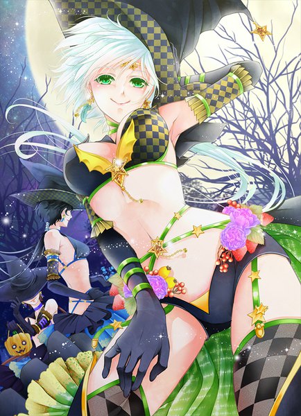 Anime picture 588x812 with bishoujo senshi sailor moon toei animation sailor star fighter sailor star healer sailor star maker ako (pixiv630102) long hair tall image looking at viewer blush light erotic black hair smile multiple girls green eyes profile pleated skirt wind aqua hair night