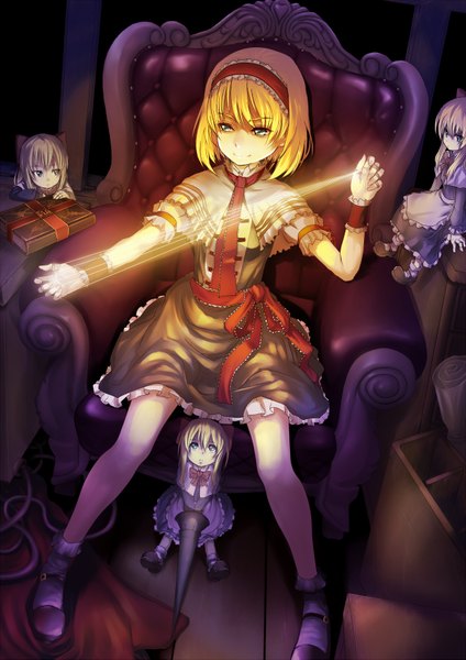 Anime picture 1240x1753 with touhou alice margatroid shanghai realmbw tall image short hair blue eyes blonde hair smile girl dress bow weapon hair bow book (books) doll (dolls)