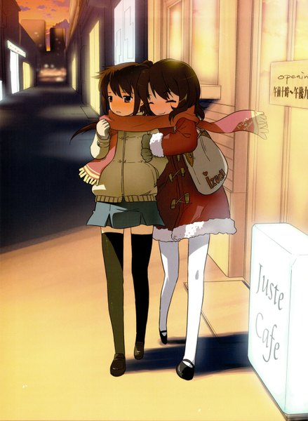 Anime picture 1104x1510 with suzumiya haruhi no yuutsu kyoto animation koizumi itsuki kyonko long hair tall image blush brown hair standing multiple girls brown eyes sky eyes closed inscription couple hug evening sunset hand in pocket street