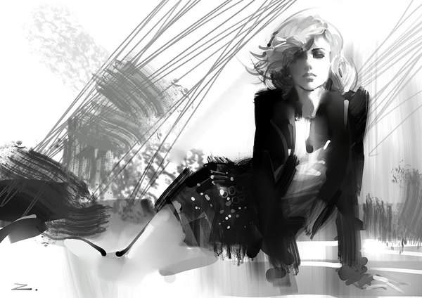 Anime picture 1100x778 with original tagme (artist) single looking at viewer short hair white hair grey hair black eyes monochrome wavy hair reclining girl jacket cape