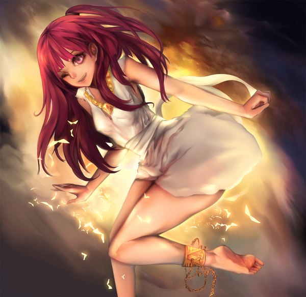 Anime picture 1800x1752 with magi the labyrinth of magic a-1 pictures morgiana zorafi single long hair highres open mouth smile cloud (clouds) red hair one eye closed pink eyes barefoot wink one side up flying knees touching girl dress