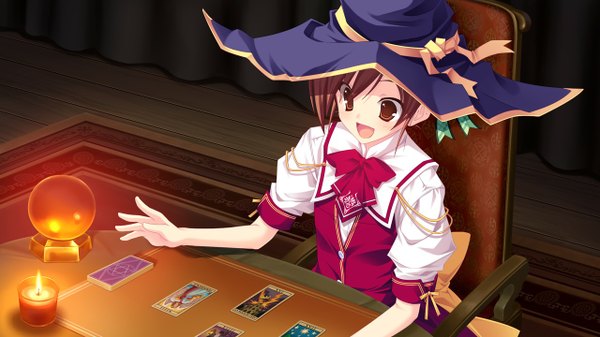 Anime picture 1280x720 with kimi wo aogi otome wa hime ni miyazono hitomi short hair open mouth brown hair wide image brown eyes game cg girl serafuku witch hat