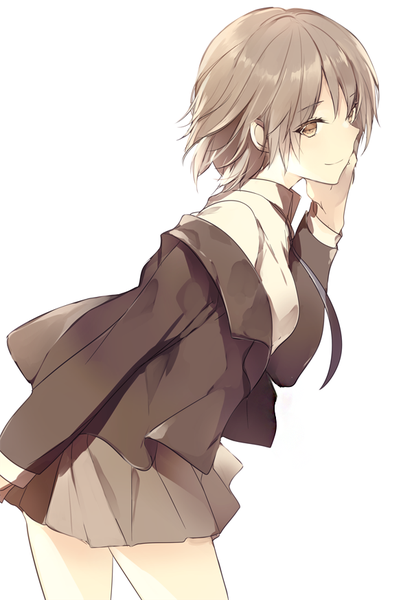 Anime picture 600x873 with original lpip single tall image fringe short hair breasts smile brown hair white background brown eyes looking away pleated skirt leaning leaning forward hand on face girl skirt shirt necktie