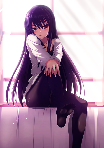 Anime picture 827x1170 with original koneko (nonnkimono) single long hair tall image looking at viewer blush open mouth light erotic sitting purple eyes bare shoulders purple hair lips sunlight open clothes no shoes shiny seductive smile girl