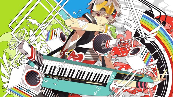 Anime picture 1328x750 with nico nico singer renai yuusha soraru macco (artist) single short hair red eyes brown hair wide image looking away silver hair nail polish grey hair sleeveless boy heart fingerless gloves microphone musical instrument goggles