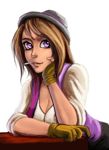 Anime picture 840x1155 with carlos eduardo single long hair tall image fringe simple background brown hair white background purple eyes holding looking away cleavage mouth hold hand on cheek girl gloves hat