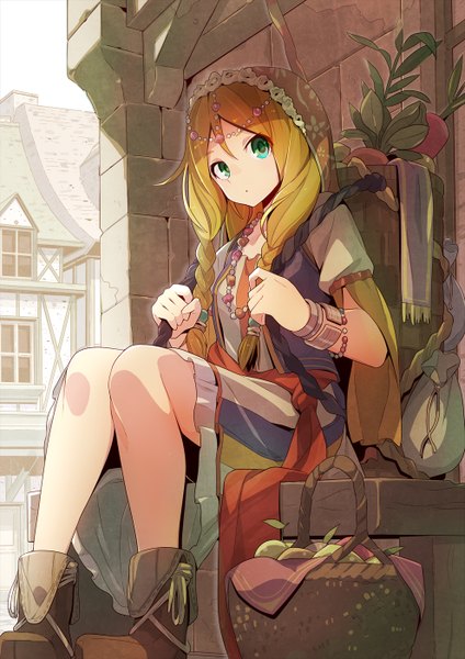 Anime picture 990x1400 with original tomioka jirou single long hair tall image looking at viewer fringe blonde hair hair between eyes sitting holding green eyes sky bent knee (knees) outdoors braid (braids) pleated skirt sunlight :o from below