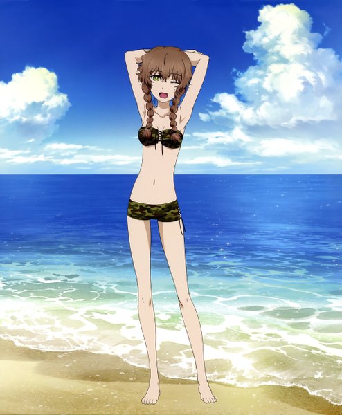 Anime picture 4097x4972 with steins;gate white fox amane suzuha single long hair tall image highres brown hair absurdres braid (braids) one eye closed wink armpit (armpits) beach twin braids arms behind head camouflage girl navel swimsuit