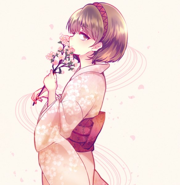 Anime picture 1000x1028 with touhou tsukumo yatsuhashi uranaishi (miraura) single tall image looking at viewer blush fringe short hair simple background brown hair brown eyes traditional clothes japanese clothes profile light smile alternate costume pink background girl flower (flowers)