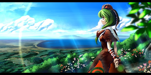 Anime picture 1600x800 with touhou kagiyama hina umigarasu (kitsune1963) single long hair looking at viewer smile red eyes wide image looking away sky cloud (clouds) green hair hands behind back landscape scenic animated lake apng girl