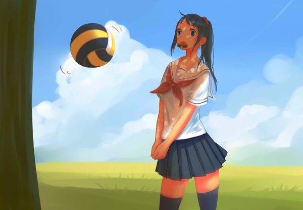 Anime picture 1480x1024 with original huhv. single long hair looking at viewer blush fringe blue eyes standing holding blue hair sky ahoge ponytail pleated skirt sunlight shadow zettai ryouiki mouth hold food in mouth
