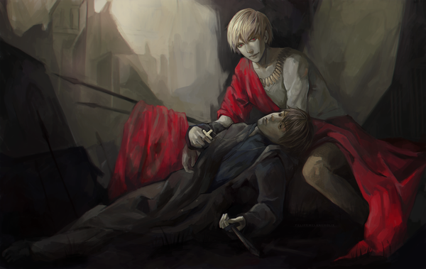 Anime picture 1422x900 with fate (series) fate/zero type-moon gilgamesh (fate) kotomine kirei felicemelancholie looking at viewer short hair blonde hair red eyes brown hair barefoot black eyes boy weapon cross necklace knife