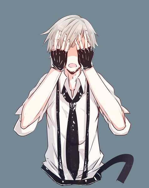 Anime picture 676x853 with bungou stray dogs studio bones nakajima atsushi kitsune (pixiv5601263) single tall image short hair open mouth simple background silver hair upper body grey background covering eye (eyes) hands on face boy gloves shirt necktie white shirt fingerless gloves