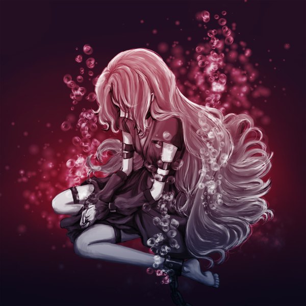 Anime picture 1000x1000 with code geass sunrise (studio) nunnally lamperouge fairytale1412 single long hair sitting barefoot wavy hair underwater girl dress detached sleeves water black dress chain bubble (bubbles) shackles