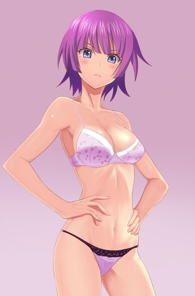 Anime picture 1883x2850 with nekomonogatari shaft (studio) monogatari (series) senjougahara hitagi taka (takahirokun) single tall image looking at viewer blush highres short hair breasts blue eyes light erotic simple background standing purple hair underwear only pink background hands on hips