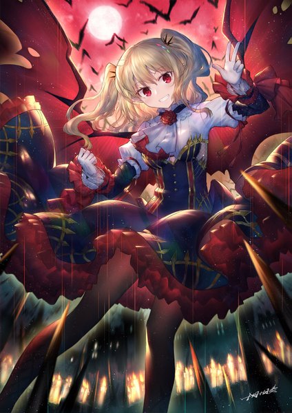 Anime picture 1063x1504 with original heiwari kanade single long hair tall image looking at viewer blonde hair smile red eyes twintails red moon girl dress gloves animal pantyhose white gloves moon bat