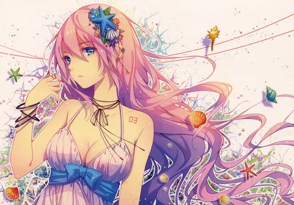 Anime picture 1790x1253 with vocaloid megurine luka tidsean single long hair looking at viewer highres breasts blue eyes large breasts bare shoulders pink hair cleavage nail polish tattoo red nail polish underbust girl dress hair ornament