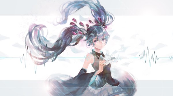 Anime picture 1436x800 with vocaloid mousou zei (vocaloid) hatsune miku eight (aaapplemilk) single long hair looking at viewer wide image twintails blue hair pink eyes light smile wind wide sleeves girl skirt hair ornament detached sleeves miniskirt paper