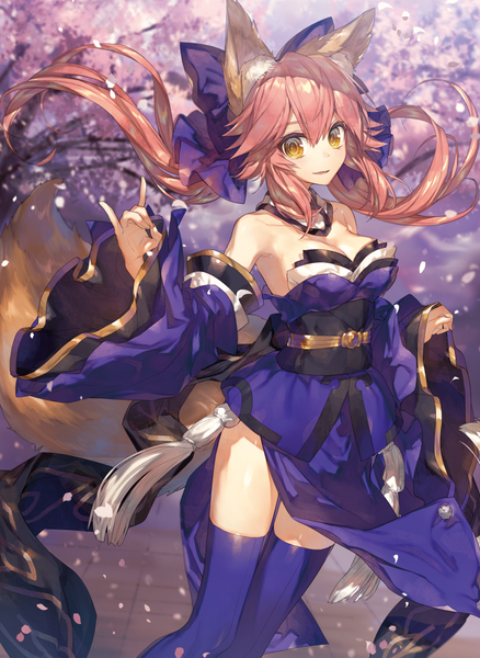 Anime picture 724x991 with fate (series) fate/extra tamamo (fate) (all) tamamo no mae (fate) chocoan single long hair tall image looking at viewer fringe breasts simple background smile hair between eyes large breasts white background twintails animal ears yellow eyes payot