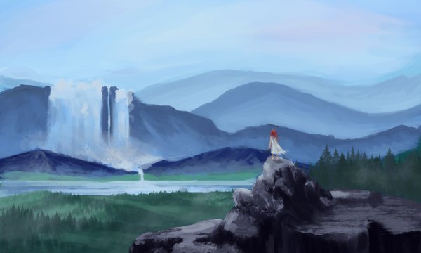 Anime picture 3000x1800 with original meiyue long hair highres wide image standing sky red hair from behind mountain landscape scenic nature waterfall lake panorama girl dress tree (trees) water