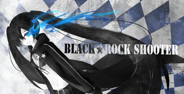 Anime picture 1500x768 with black rock shooter black rock shooter (character) single long hair fringe blue eyes black hair wide image twintails hair over one eye glowing glowing eye (eyes) checkered background girl coat bikini top