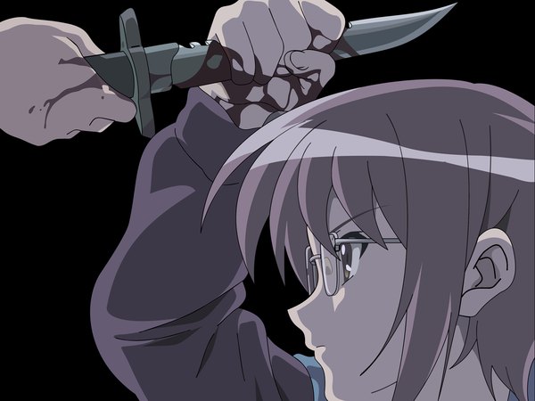 Anime picture 1600x1200 with suzumiya haruhi no yuutsu kyoto animation nagato yuki vector girl glasses blood knife