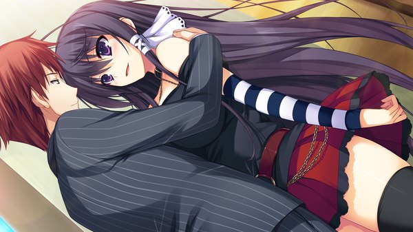 Anime picture 2560x1440 with reminiscence mizuno rin tomose shunsaku long hair highres short hair black hair wide image purple eyes game cg red hair couple girl thighhighs boy black thighhighs detached sleeves