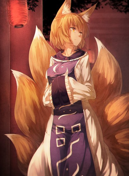 Anime picture 1046x1422 with touhou yakumo ran ibuki notsu single tall image fringe short hair animal ears looking away tail long sleeves animal tail orange hair wide sleeves orange eyes fox ears fox tail fox girl chinese clothes multiple tails