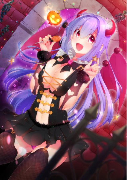 Anime picture 1075x1518 with original suihei-sen single long hair tall image looking at viewer blush fringe breasts open mouth light erotic smile large breasts purple hair pink eyes horn (horns) arms up halloween girl thighhighs