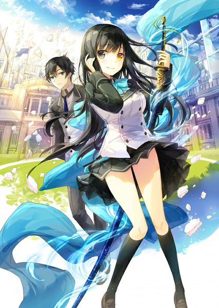 Anime picture 641x900 with fuumi (radial engine) long hair tall image looking at viewer short hair black hair sky cloud (clouds) wind heterochromia skirt flip girl boy skirt weapon socks katana black socks