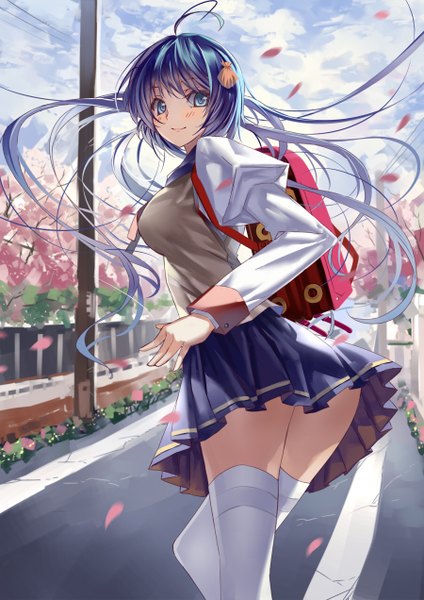 Anime picture 900x1272 with original miyazaki byou single long hair tall image looking at viewer blush blue eyes smile blue hair ahoge looking back wind cherry blossoms girl thighhighs skirt uniform hair ornament plant (plants)