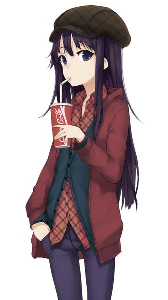 Anime picture 2222x3950 with original coca-cola shiro shougun single long hair tall image looking at viewer highres blue eyes black hair simple background white background girl jacket flat cap