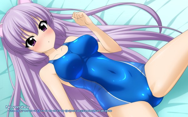 Anime picture 1920x1200 with original wave ride single long hair blush highres breasts light erotic purple eyes purple hair calendar 2016 girl swimsuit one-piece swimsuit competition swimsuit calendar