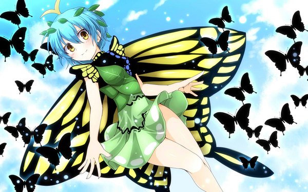 Anime picture 1680x1050 with touhou eternity larva g (desukingu) single looking at viewer fringe short hair smile hair between eyes yellow eyes blue hair sky cloud (clouds) bare legs dutch angle turning head spread arms insect wings butterfly wings antennae