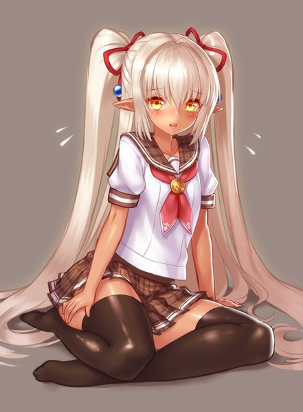 Anime picture 735x1000 with original yapo (croquis side) single tall image looking at viewer blush open mouth sitting twintails yellow eyes white hair very long hair pointy ears elf girl thighhighs skirt uniform ribbon (ribbons) black thighhighs