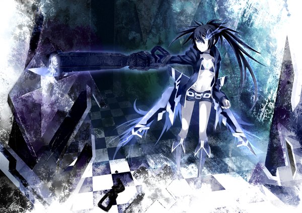 Anime picture 1500x1060 with black rock shooter black rock shooter (character) single long hair blue eyes black hair twintails glowing glowing eye (eyes) checkered floor girl navel weapon shorts bikini top