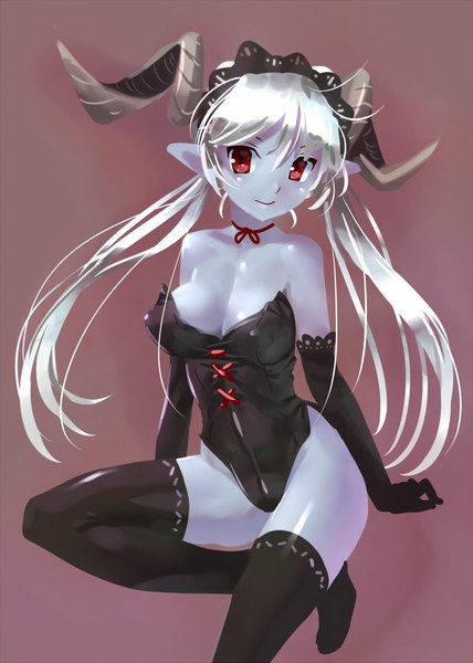 Anime picture 642x900 with original katahira masashi single long hair tall image looking at viewer light erotic simple background red eyes sitting twintails bare shoulders silver hair horn (horns) pointy ears demon girl blue skin girl thighhighs gloves