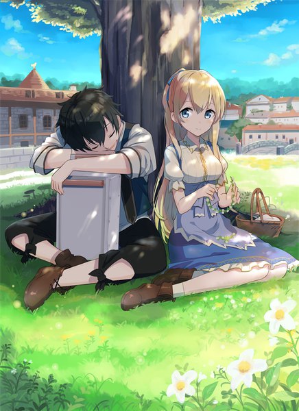 Anime picture 689x947 with kurokishi-san wa hatarakitakunai gotyou long hair tall image blush short hair blue eyes black hair blonde hair smile sitting holding looking away sky cloud (clouds) ponytail eyes closed light smile arm support official art