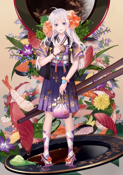 Anime picture 1000x1414 with original yu (kongxiang) single long hair tall image looking at viewer standing holding white hair mole grey eyes mole under eye girl skirt flower (flowers) plant (plants) socks food bracelet obi