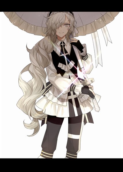 Anime picture 776x1086 with original tayuya1130 single long hair tall image looking at viewer fringe simple background smile standing white background holding silver hair hair over one eye wavy hair silver eyes glow girl gloves hair ornament