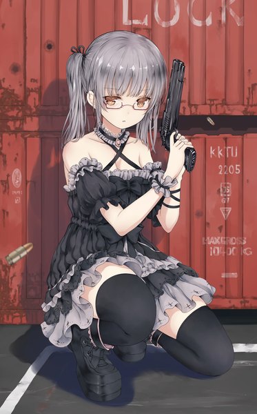 Anime picture 720x1157 with original catbell single long hair tall image looking at viewer twintails brown eyes grey hair girl thighhighs dress weapon black thighhighs glasses boots frills gun