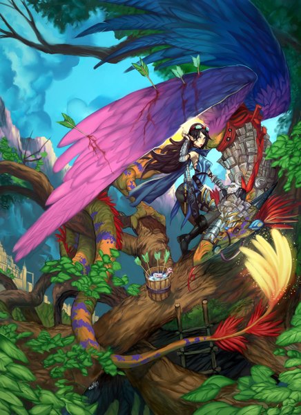 Anime picture 900x1238 with original elsevilla long hair tall image blue eyes black hair sky cloud (clouds) pointy ears city striped cityscape mountain fantasy girl weapon plant (plants) sword wings tree (trees)
