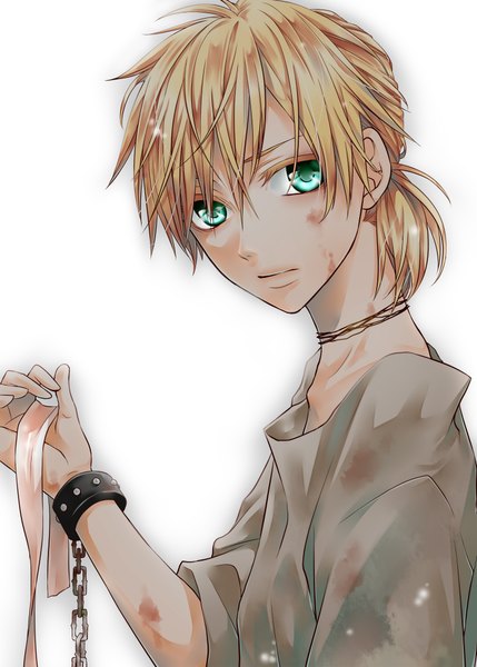 Anime picture 1500x2098 with vocaloid kagamine len hakuseki single tall image short hair blonde hair simple background white background green eyes boy ribbon (ribbons) handcuffs