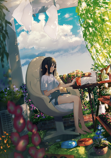 Anime picture 707x1000 with original achiki single long hair tall image black hair sitting purple eyes cloud (clouds) barefoot shadow depth of field girl plant (plants) animal shorts book (books) cat t-shirt table
