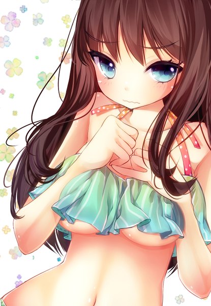 Anime picture 1038x1500 with original mintsu (ichi--kun) single long hair tall image blush breasts blue eyes light erotic brown hair looking away bare belly embarrassed wavy mouth girl swimsuit