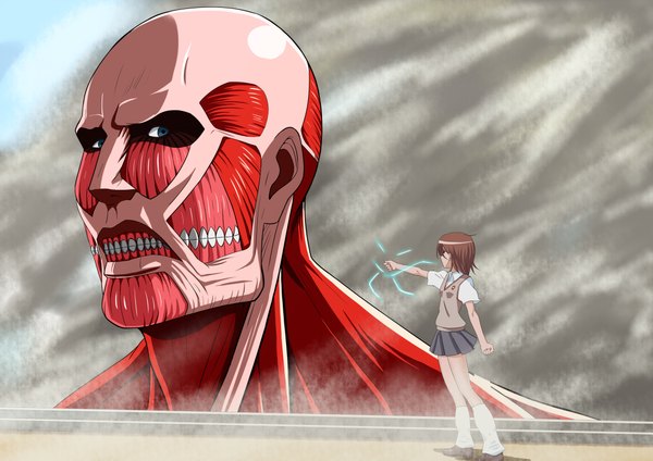 Anime picture 4500x3182 with shingeki no kyojin to aru kagaku no railgun to aru majutsu no index j.c. staff production i.g misaka mikoto bertolt hoover colossal titan taka (takahirokun) highres short hair brown hair absurdres lightning giant girl skirt uniform school uniform miniskirt